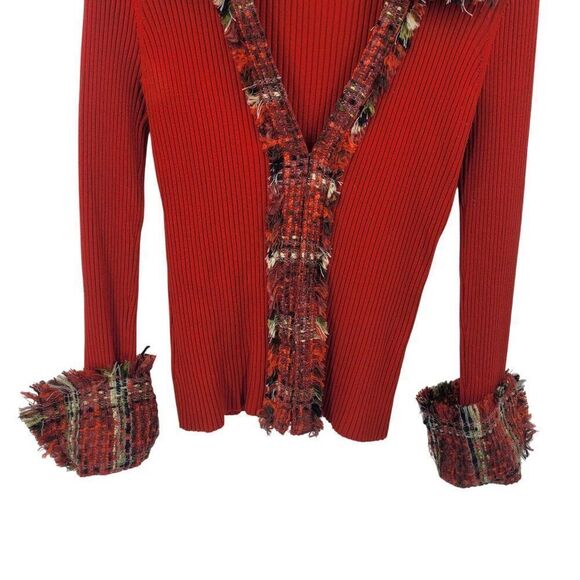 My Favorite Things Red Ribbed Silk Cardigan Jacket L Plaid Tweed Collar Cuffs - Picture 7 of 15